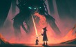 © MG - child with a glowing sword against a wizard, digital art style, illustration painting, Generative AI