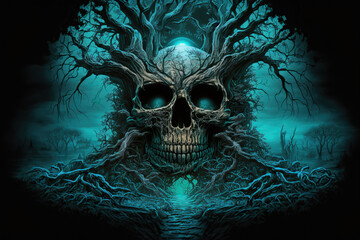 Wall Mural - scary skull tree in a blue landscape, Generative AI