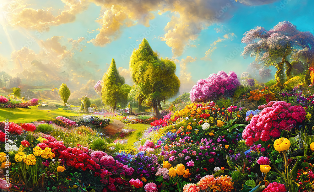 Paradise garden full of flowers, beautiful idyllic Paradise garden