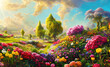 Paradise garden full of flowers, beautiful idyllic  Paradise garden full of flowers, beautiful idyllic  background with many flowers in eden, 3d illustration with vivid colors. Generative Ai.
