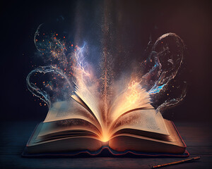magic book with knowledge light, magical swirls and power, very old alchemy book, education, learnin