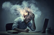 man at work on laptop with head on fire due to burnout, created with generative ai