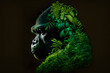 Muzzle of gorilla profile silhouette with leaves of tropical vegetation of exotic forests. The concept of protecting animals and forest environment. Generative AI