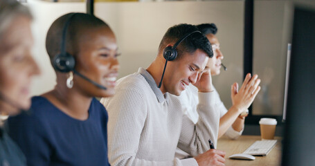 Wall Mural - Call center, business man and team communication, global office and telemarketing diversity. Telecom, technical support or virtual help desk agent, consultant or ecommerce worker smile on computer