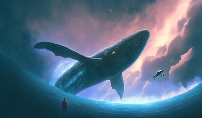Wall Mural - outer space journey concept showing a man looking at the giant whale flying in the beautiful sky, digital art style, illustration painting, Generative AI