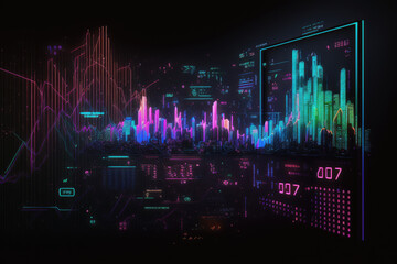 3d neon digital data display of network showing graphs and charts made by generative ai