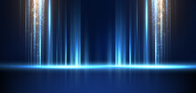 Abstract Technology Futuristic Light Blue Stripe Vertical Lines Light On Blue Background With Gold Lighting Effect Sparkle.