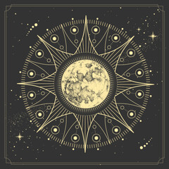 Wall Mural - modern magic witchcraft card with astrology full moon. realistic hand drawing illustration of moon