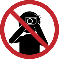 Isolated No photo sign and No selfie icon, Don`t take picture symbol with illustration man taking picture with phone or camera and red circle crossed out