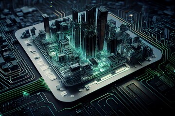 Wall Mural - smart city on circuit board background. futuristic cyberspace concept. generative ai