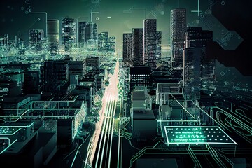 Wall Mural - smart city on circuit board background. futuristic cyberspace concept. generative ai