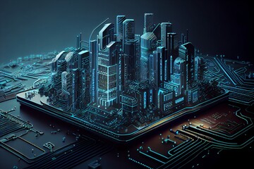 Wall Mural - smart city on circuit board background. futuristic cyberspace concept. generative ai