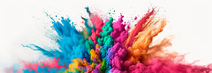 Wall Mural - Multicolored explosion of rainbow holi powder paint isolated on white background. Panoramic view. Generative AI