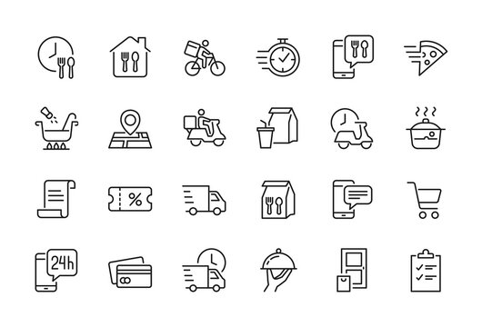 food delivery related icon set. online food app symbol - editable stroke, pixel perfect at 64x64
