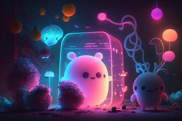 Poster - Lovely Cute neon surrealism wallpaper Generative AI