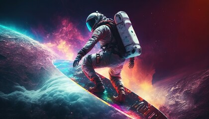 Wall Mural - vivid colorful illustrations of astronaut in space surfing on surfboard waves of galaxies generate a