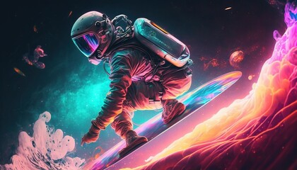 Wall Mural - vivid colorful illustrations of astronaut in space surfing on surfboard waves of galaxies generate a