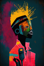 Colorful Ethnic Abstract Illustration Of Singer With Microphone And Headphones. Generative AI