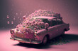 © ADDICTIVE STOCK - Generative AI illustration of retro car with growing pink flowers