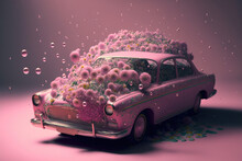 Generative AI Illustration Of Retro Car With Growing Pink Flowers