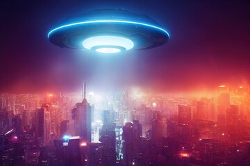 Wall Mural - an alien saucer hovering over the city. ufo, alien invasion, unidentified flying object. generative 