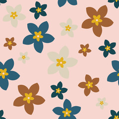 Wall Mural - Simple decorative flowers of different colors on a pink background. Seamless botanical floral pattern for fashion fabrics.