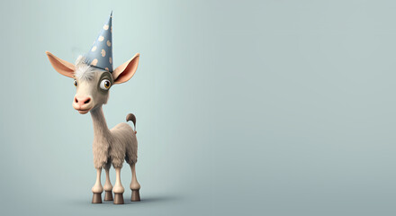 Poster - Cute Cartoon Birthday Goat Wearing a Party Hat (Generated with AI)