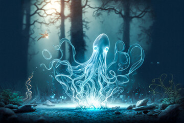 Wall Mural - Spirit animal made out of light and lightning. Generative AI. Octopus.