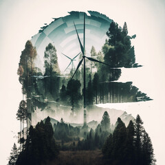 Poster - Double exposure of a wind turbine and a forest. Renewable and wind energy concept. Generative AI.