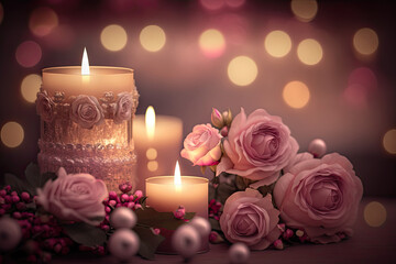 Sticker - candles and roses. Generative AI image.