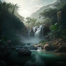 Beautiful Waterfall In Deep Tropical Forest,realistic Painting Generative AI
