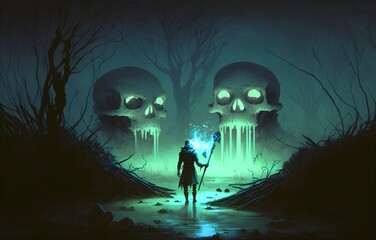 Wall Mural - man with a magic torch walking in the haunted swamp, digital art style, illustration painting