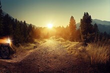 A Bike Tire On A Dirt Road In The Mountainside With A Sun Flare In The Background And A Trail In The Foreground With Rocks And Bushes And Bushes On The Ground, And. Generative Ai