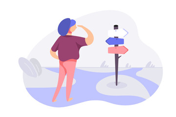 Vector illustration of a woman at the crossroads of the roads of her life.