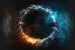 Abstract design of circle shape clouds with dying colorful particles exploding. Concept of mystery outer over dark background with glowing light geometric design. Finest generative AI.