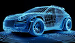 Modern SUV Car wireframe concept in AR, Augmented reality wireframe of car concept with blue background, generative ai, Futuristic car concept with mesh network, Car manufacturing blueprint
