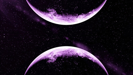 Wall Mural - abstract two spinning planets in outer space. motion. purple twin rotating planets and starry cosmos