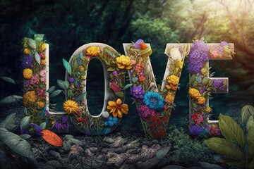 Wall Mural - Letters Love with colorful flowers stand in nature. Generative AI