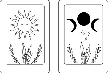 Illustration of the tarot card vector. Sun and moon line art vector.  Minerals, crystals, leaves vector. 