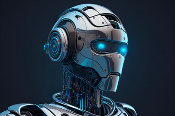 Robot with blue light eyes on dark background. Technology concept. Generative AI