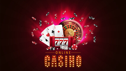 Online casino, red poster with spotlights, slot machine with jackpot, casino roulette wheel, poker chips and playing cards