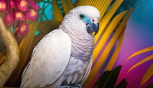  A White Parrot Sitting On Top Of A Tree Next To A Flower Filled Forest Of Leaves And Flowers On A Blue And Yellow Background With Pink Flowers.  Generative Ai