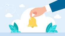 Man Holding In His Hand The Bell. A Businessman Is Ringing Small Bell That He Is Holding With His Fingers. Concept Of Notification, Reminder, Call, Attention. Call For Knowledge. Flat Illustration
