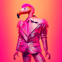 Realistic Lifelike Flamingo Bird In Fluorescent Electric Highlighters Ultra-bright Neon Outfits, Commercial, Editorial Advertisement, Surreal Surrealism. 80s Era Comeback	
