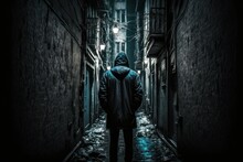 A Photo From Behind Of A Man Standing In A Dark Alley At Night, Fear, Suspense, Thriller, And Horror Concepts, Generative Ai