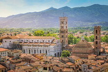 Above Medieval Old Town Of Lucca, Tuscany, Italy