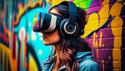 mujer joven con auriculares y gafas de realidad virtual apoyada sobre una pared colorida por grafiti