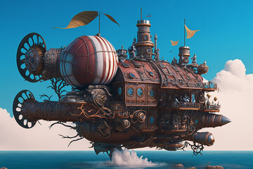 Wall Mural - Concept of a large flying machine sailing in the sea in steampunk style generated by AI, digital art.