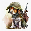 Hunting dog with hunting rifle on its back.