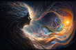 dramatic image captures essence of psychic waves, incorporating elements of color, and movement. focus on abstract woman with mystical and spiritual quality that evokes sense of wonder and awe. Ai